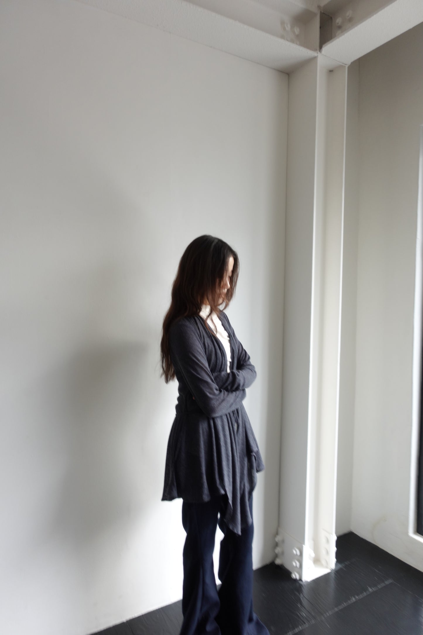 DRAPE 011 'Disheveled Drape Sheer Wool Cardigan'