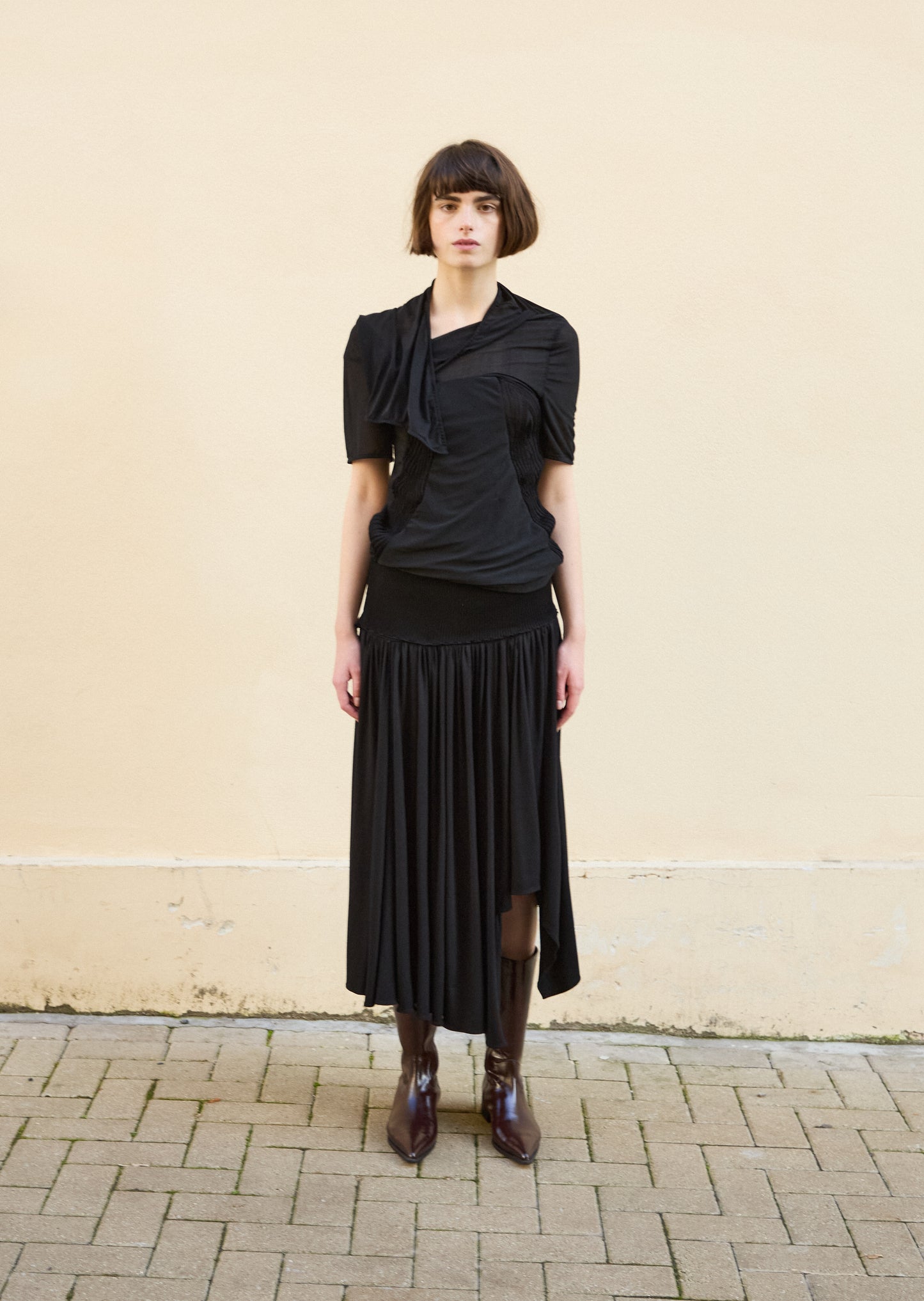 Shiny rib waistband jersey flare skirt