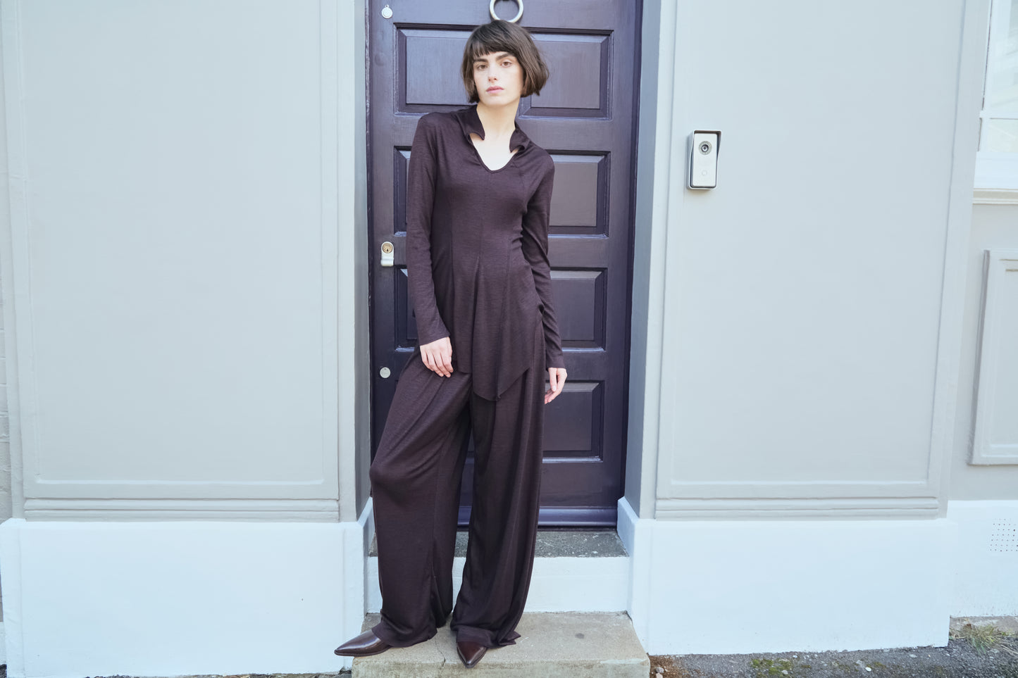 Tuck shirring wide wool knit pants [SET-UP]